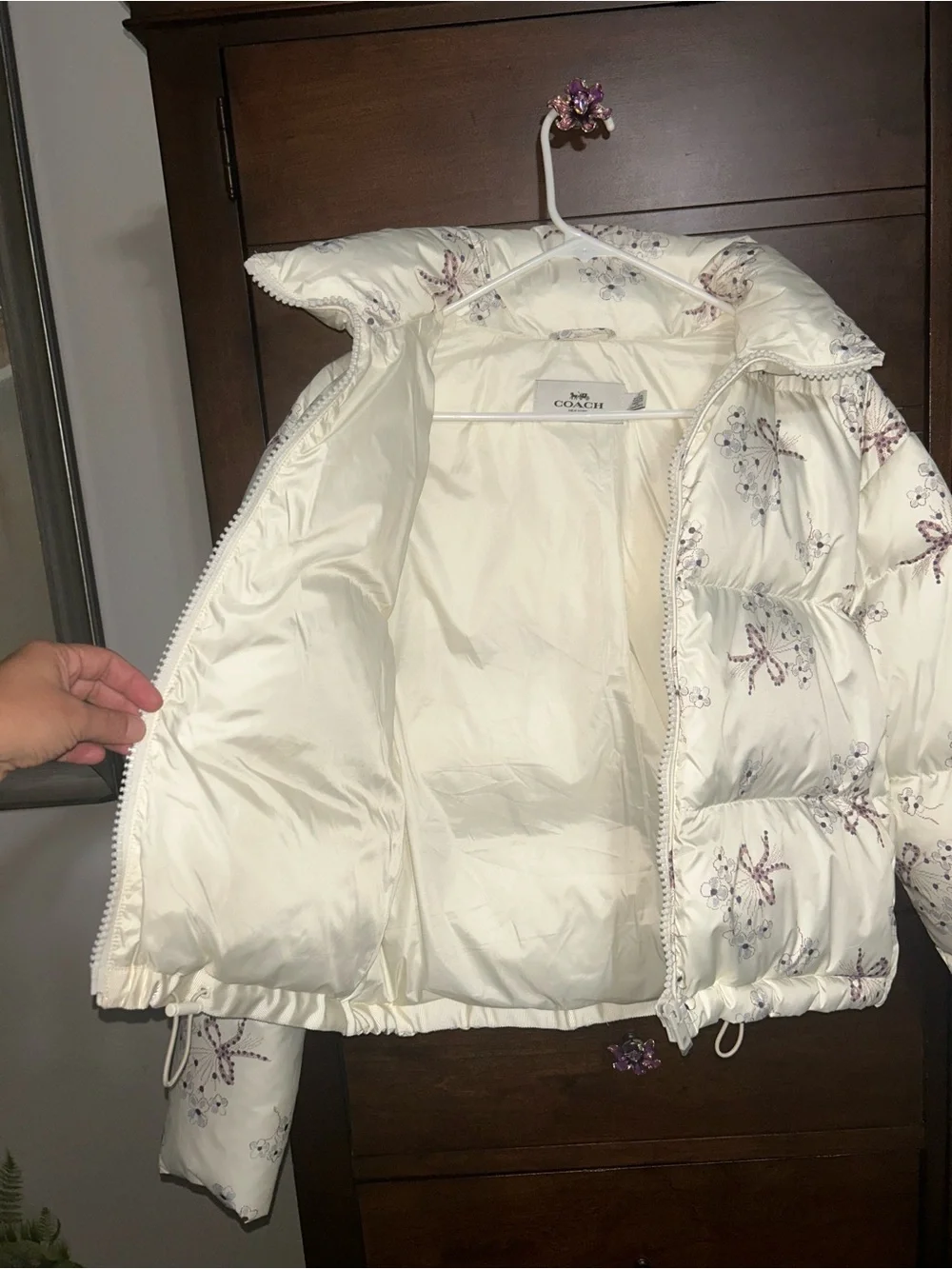NWOT! Coach Off- White Floral Bow Print Puffer Jacket with Hood size S